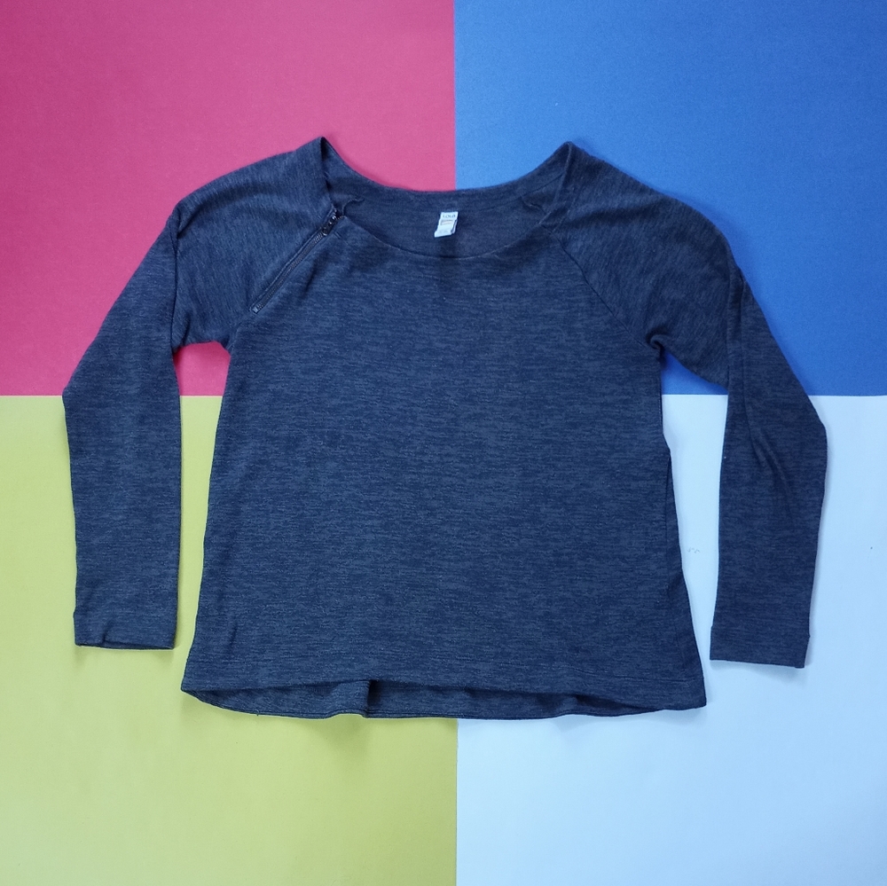 LOLE Zipper Asymmetrical Crew Neck Moto Sweat Shirt Sweater Top Edgy Lounge Yoga